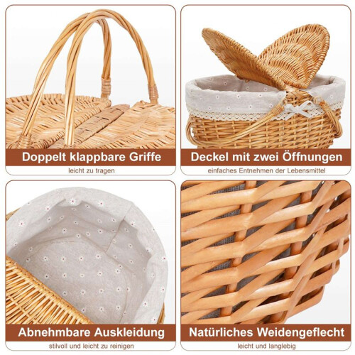 Flätad Picknickkorg med Lock, Flätad  med Handtag och Foder, Handgjord Varukorg, Flätad Flätad Picknickkorg 1