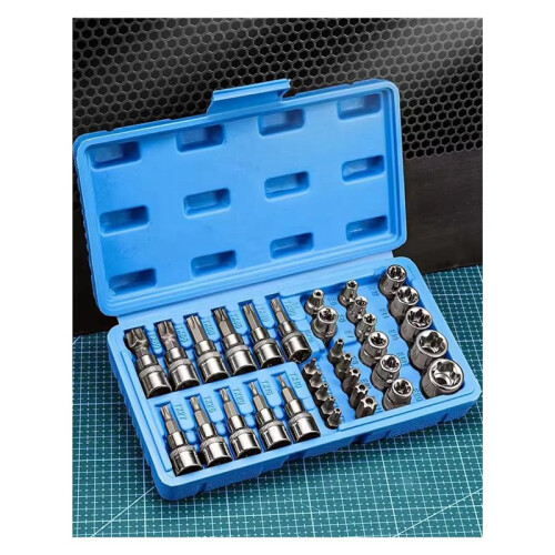 Professional 34pcs Torx Bit Socket & E-Torx Star Socket Set 1/4" 3/8" 1/2" Drive Male Female E-Torx Bits Handheld Tool
