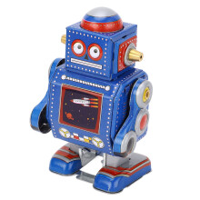Robot giocattolo vintage in ferro azzurro a carica manuale, robot decorativo artigianale con meccanismo a molla