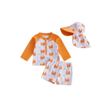 (3-4 Years, Orange) Boys' Rash Guard Set, 3 Piece Quick Dry Swimsuit Suit, Crab Print Long Sleeve Tops Swim Trunks Sun Cap Bathing Suit