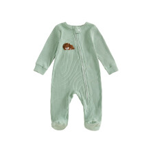 (3-6 Months, Green) Baby Boy Romper Long Sleeve Round Neck Animal Embroidery Jumpsuit Newborn Footless Pajamas