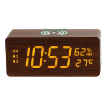 Horloge Calendrier LED Multifonctionnelle en Bois à Charge Rapide 15 W, avec Affichage de la Température et de L'Humidité, Sans Fil, Cadeaux pour
