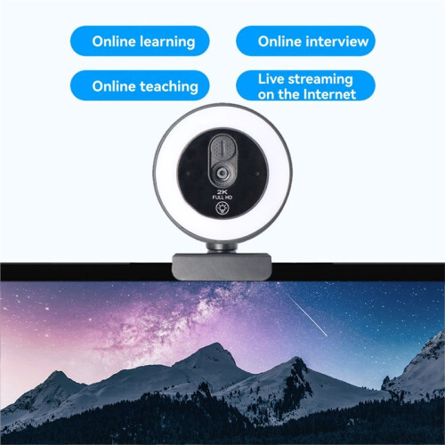 Webcam 2K com Luz de Preenchimento, Foco Automático, Câmera USB com Microfone e Rotação para Videoconferências e Streaming. 1