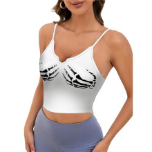 Camisole Sans Manches pour Femme, Imprimé Tête de Mort et Main D'Halloween Blanc M