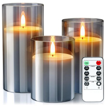 Flameless Candles Christmas Glass with Remote Candles LED Candles for Christmas Wedding, Table Decorations (Grey)