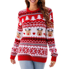 Women'S Fall Winter Xmas Top Long Sleeve Round Neck Knitted Sweater Chunky Casual Pullover Top Red & White L