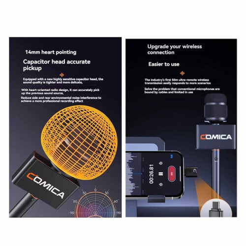 Comica Revo S Wireless Microphone 48kHz/24bit, Cardioid Polar Pattern, Denoise, for Smartphone Interviews and Outdoor Use