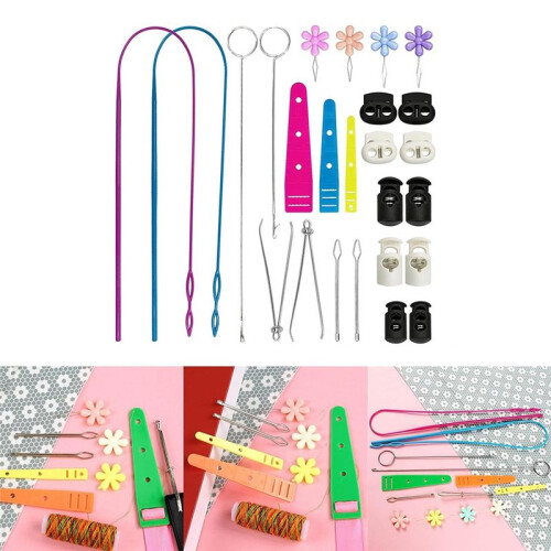 Flexible Drawstring Threader Set with Stainless Steel Sewing Loop Hook Seam Tweezers Cord Lock 1