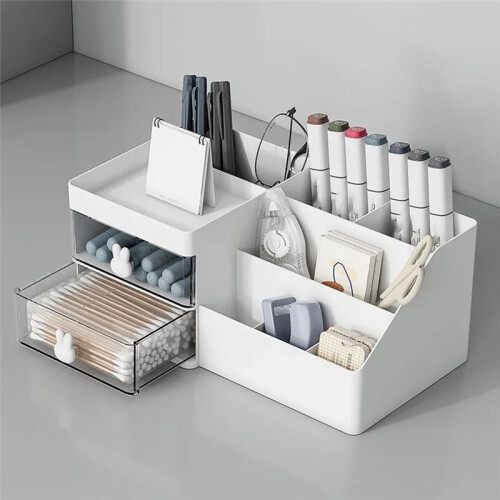 Large Capacity Desk Organizer - Desktop Storage Box with Drawer, Pen Holder, and Divided Compartments 2