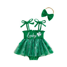 (0-3 Months, Green) Baby Girls Rompers Dress Irish Clothes Letter Clover Embroidery Tulle Skirt Hem Infant Bodysuits Jumpsuits with Headband