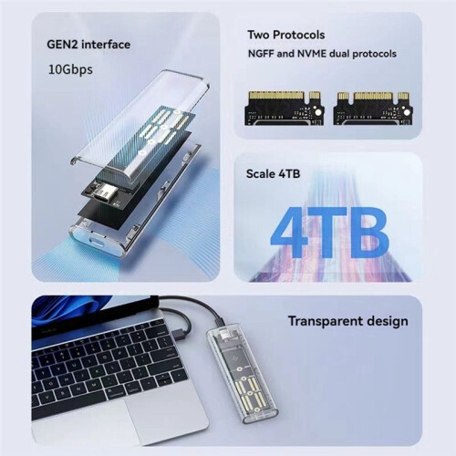 M2 SSD Enclosure M.2 NVMe+NGFF Dual Protocol SSD Enclosure USB 3.2 Gen2 10Gbps Transparent External Drive Case for PC C 2