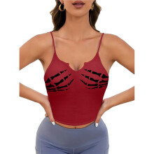 Camisole Sans Manches pour Femme, Imprimé Tête de Mort et Main D'Halloween Rouge XL