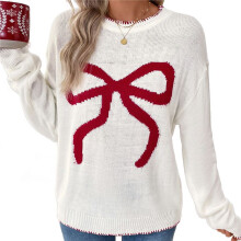 Women Y2K Knit Sweater Crew Neck Long Sleeve Knitted Pullover Oversized Contrast Trim Knitwear Cream White L