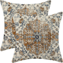 (16 x 16, Blue) 18 x 18 Bohemian Boho - 17 Orange Carpet Pattern Linen Throw Pillows, 2 Count
