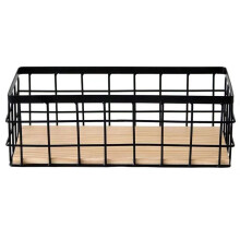 Small Metal Wire Storage Basket in Farmhouse Storage Organizer with Wooden Bottom for Kitchen.