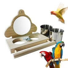 Perch Wooden Parakeet Mirror Toy Bird  Perch with Mirror and Feeding Cups Cage  Toy for Lovebird B