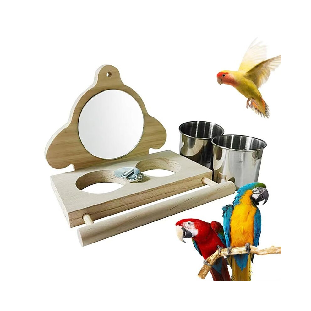 Tauoh Perch Wooden Parakeet Mirror Toy Bird Perch With Mirror And Feeding Cups Cage Toy For Lovebird B
