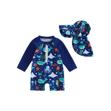 (6-12 Months, Blue) Toddler Boy Rash Guard Swimsuits Adorable Turtles Dolphins Print Long Sleeve Round Neck Jumpsuit and Hat Set for Pool Beach