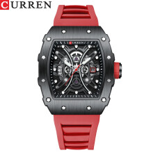 (red) HOT CURREN Men Watch Rectangle Sport Wristwatch Soft Silicone Bracelet Males Watches