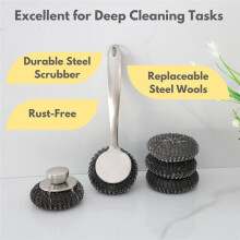 Steel Wool Scrubber Dish Brush with Handle, Deep Cleaning Metal Scrubber Set, Steel Scrubber for Dishes,Metal Scrubbers
