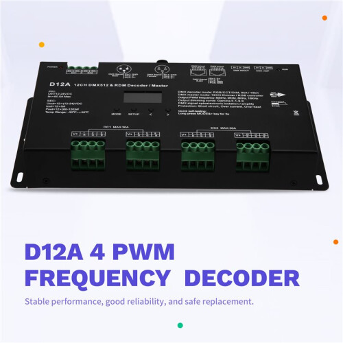12CHx5A 12-24VDC CV OLED DMX512 Decoder D12A 4 PWM Frequency for RDM DMX Master DIM/CCT/RGB Decoding Mode Selectable 2