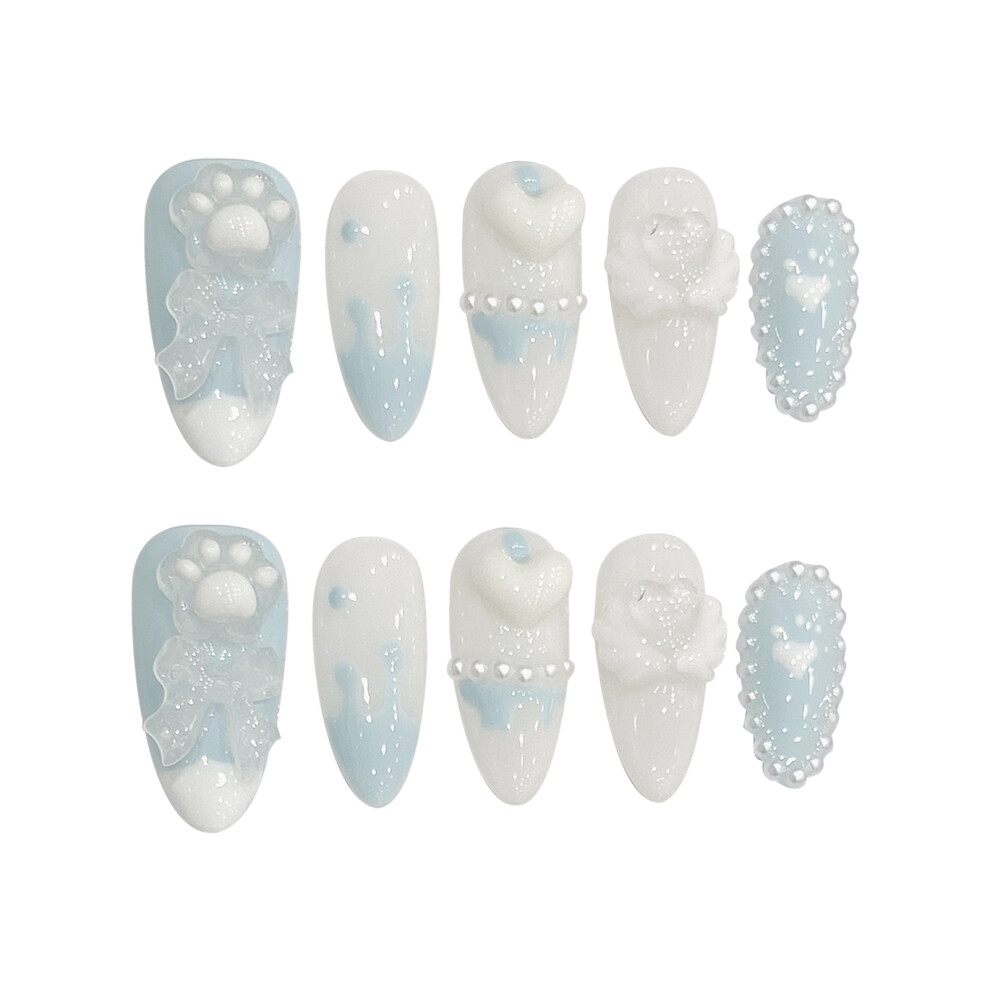 Penghui-Toys (Xs) Blue Almond Fake Nails With Pearls For Daily & Party