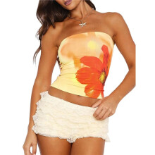 Cute Strapless Tube Tops for Women Y2K Floral Bandeau Crop Top Teen Girls 2025 Summer Trendy Going Out Tops Yellow M