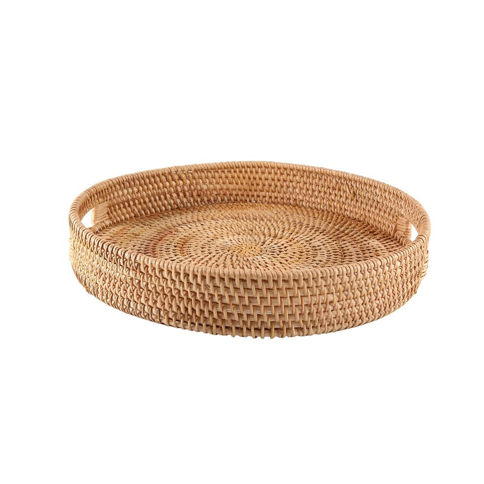 Tauoh Round Rattan Serving Tray Decorative Woven Ottoman Trays With Handles For Coffee Table Natural(Large)