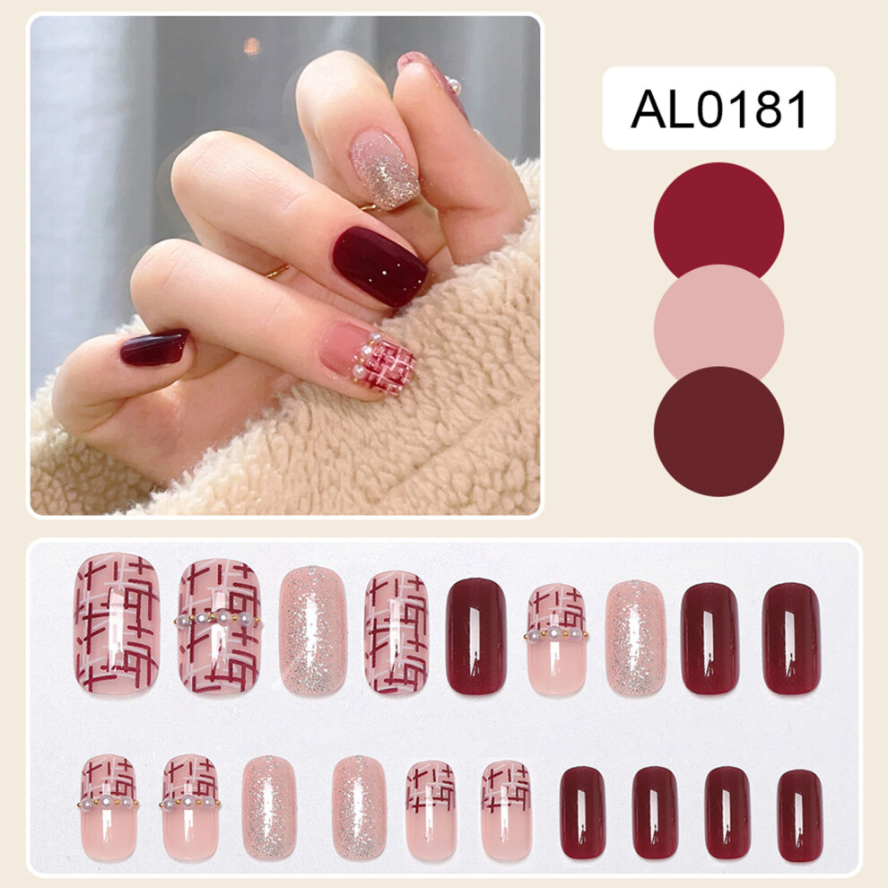 Hue-Grain 24Pcs Wine Red Glitter Press-On Nails