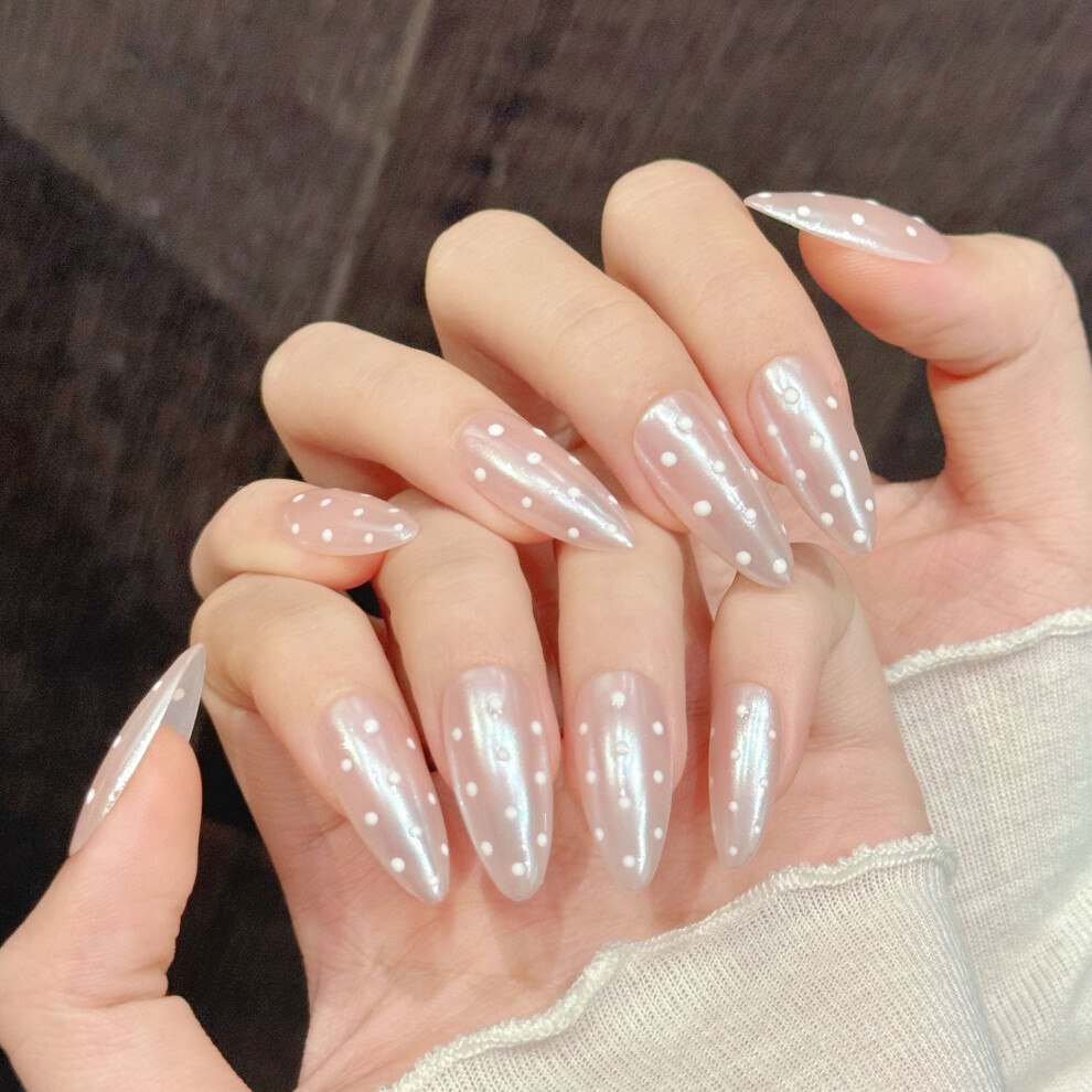 Penghui-Toys (S) 10Pcs Beige Pearl Press-On Nails, Reusable Acrylic Tips