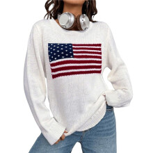 Damen-Langarmpullover mit Amerikanischer Flagge und Grafik, Rundhalsausschnitt Weiß L