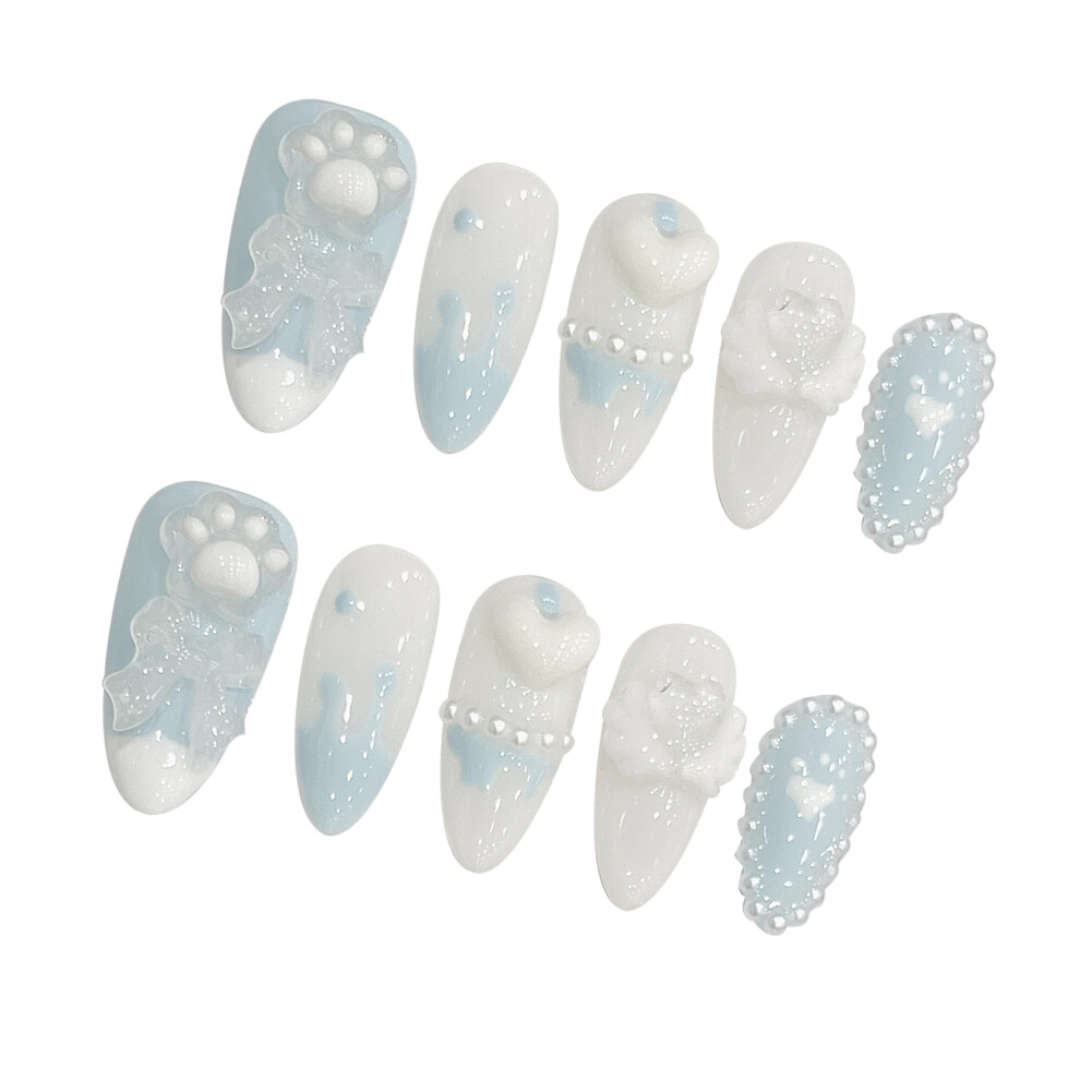 Penghui-Toys (L) Blue Almond Fake Nails With Pearls For Daily & Party