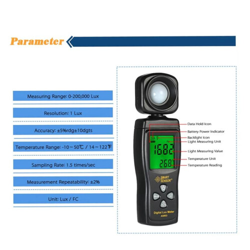 SENSOR AS803 Digital Lux Meter LCD Display Handheld Illuminometer Luminometer Photometer Light Meter 0-200000 Lux 2