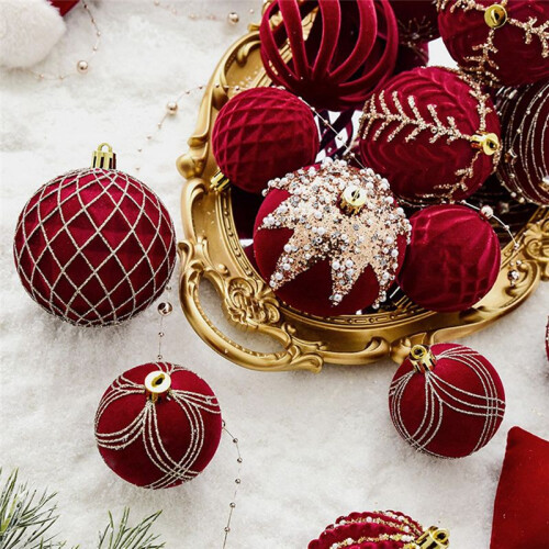Weihnachtskugeln, Ornamente, Weinrot, Beflockung, Weihnachtsbaumschmuck, Neujahr, Weihnachtskugeln A 1