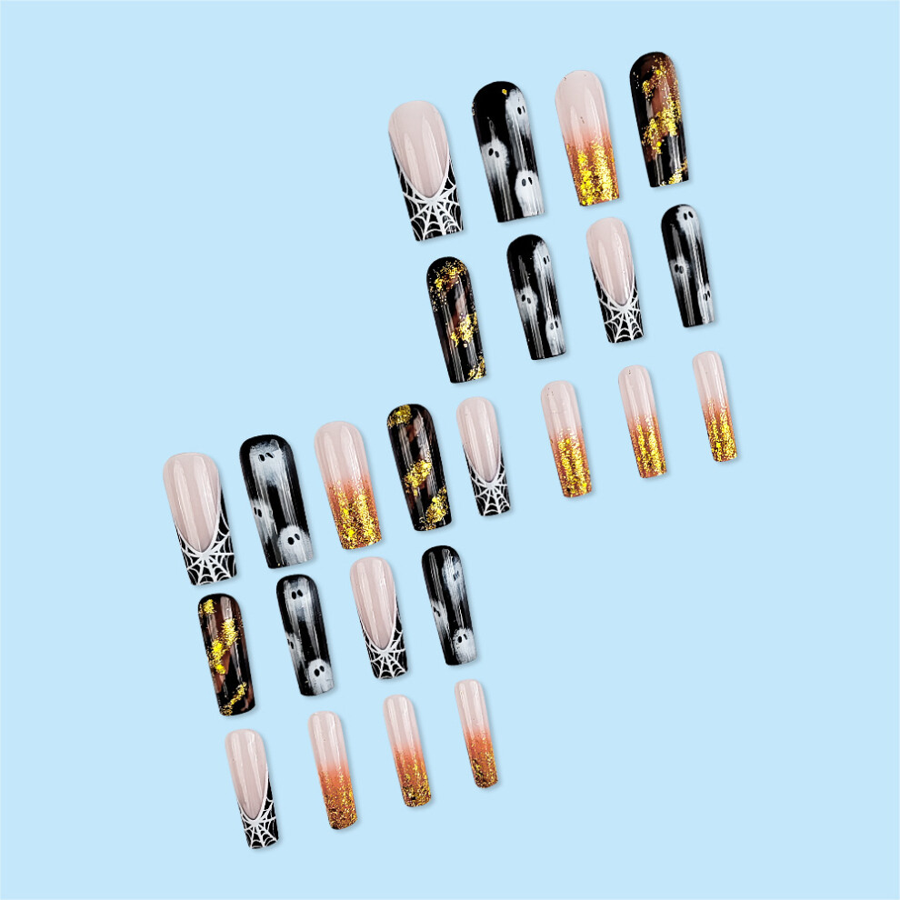 Penghui-Toys Black,Cream Ghost Print False Nails - Nude & Black, 50Pcs