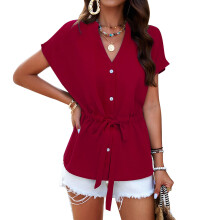 Ademend dameshemd met korte mouwen, V-hals, lichtgewicht, kreukvrij, casual blouse met trekkoord in de taille, gemakkelijk te onderhouden.
