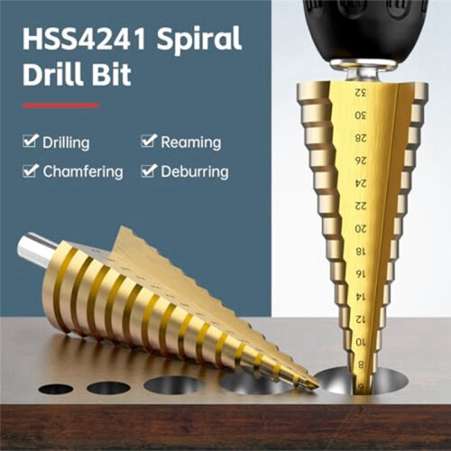 Step Drill Bit Set, 3Pcs Titanium Step Drill Bits, Metric 4mm to 32mm Drill Cone Bits for Metal, Wood, PVC A 1