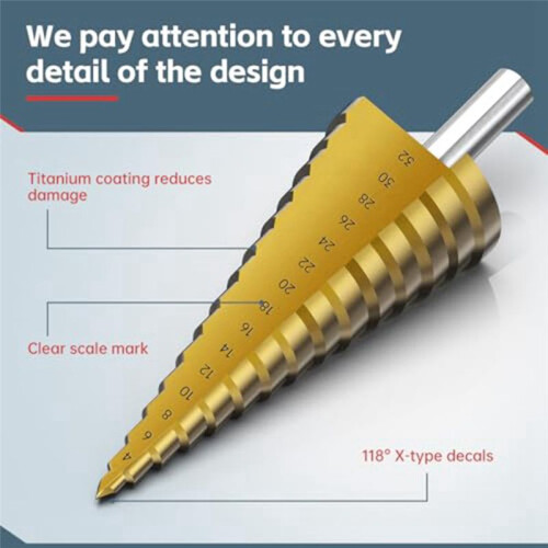 Step Drill Bit Set, 3Pcs Titanium Step Drill Bits, Metric 4mm to 32mm Drill Cone Bits for Metal, Wood, PVC A 2