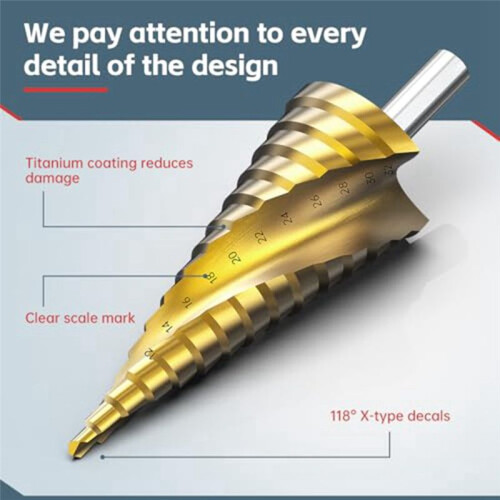 Step Drill Bit Set, 3Pcs Titanium Step Drill Bits, Metric 4mm to 32mm Drill Cone Bits for Metal, Wood, PVC C 2