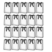20 Bolsas de Regalo de Plástico Transparente con Asas Troqueladas, Reutilizables, con Flores y Lazo Negro.