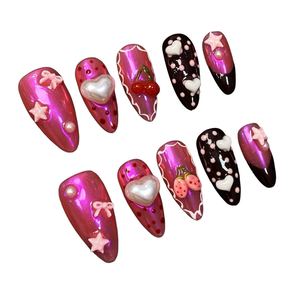 Penghui-Toys (L) Strawberry Print Fake Nails - 10Pcs Durable Party Nails