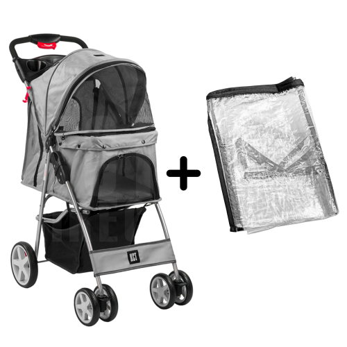 KCT (Cover + Grey Pet Stroller) KCT Hooded Pet Strollers for Small to Medium Sized Pets