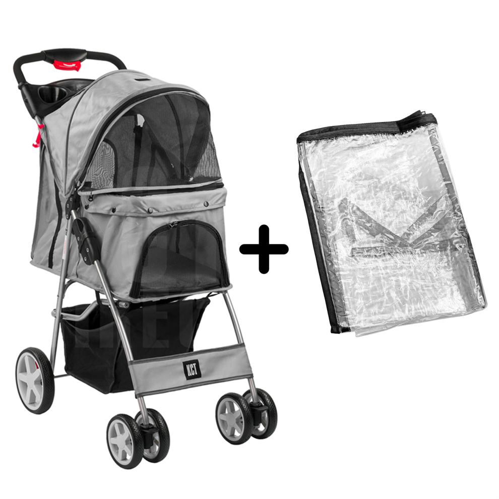 B&Q - Hooded Foldable Pet Dog Cat Stroller With Waterproof Rain CoverGrey4 Wheel Travel Carriage With Safety LeashCanopyCu - Image 2