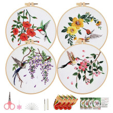 Paquete de 4 Kits de Bordado para Principiantes Adultos, Kit de Bordado de Colibrí y Flor con Instrucciones Claras.