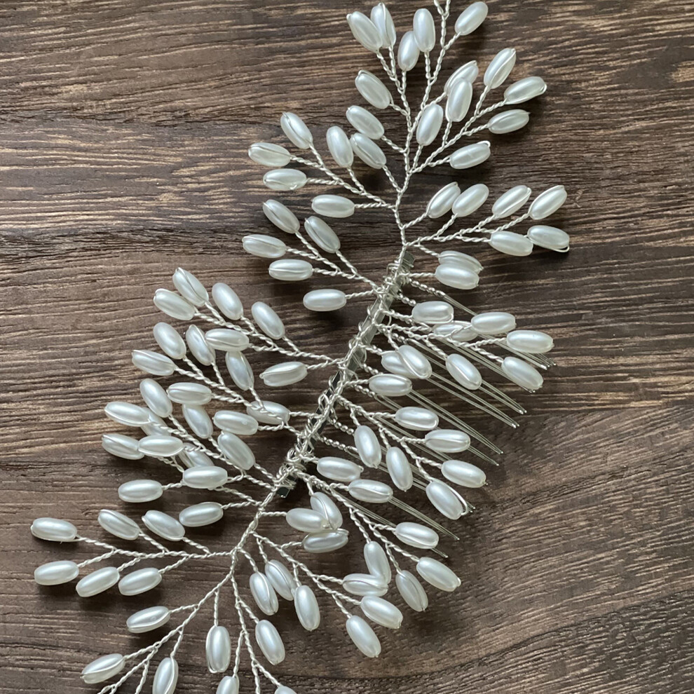 Penghui-Toys (Silver) Bridal Pearl Hair Comb, 12-Teeth, Elegant Grain