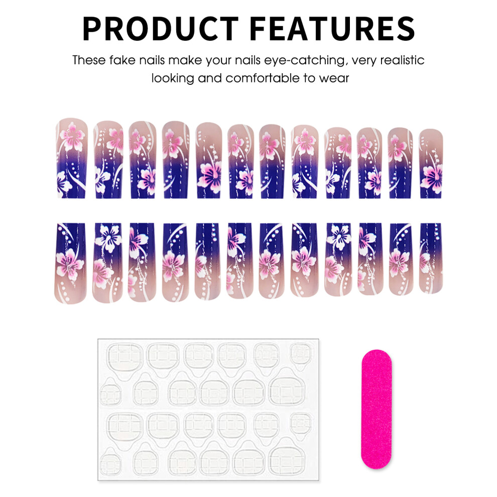 Penghui-Toys Flower Print Blue Gradient False Nails For Women
