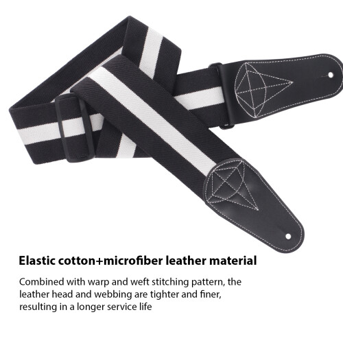 Elastic Guitar Strap 87 Inch Adjustable Cotton Microfiber Leather Black White 1