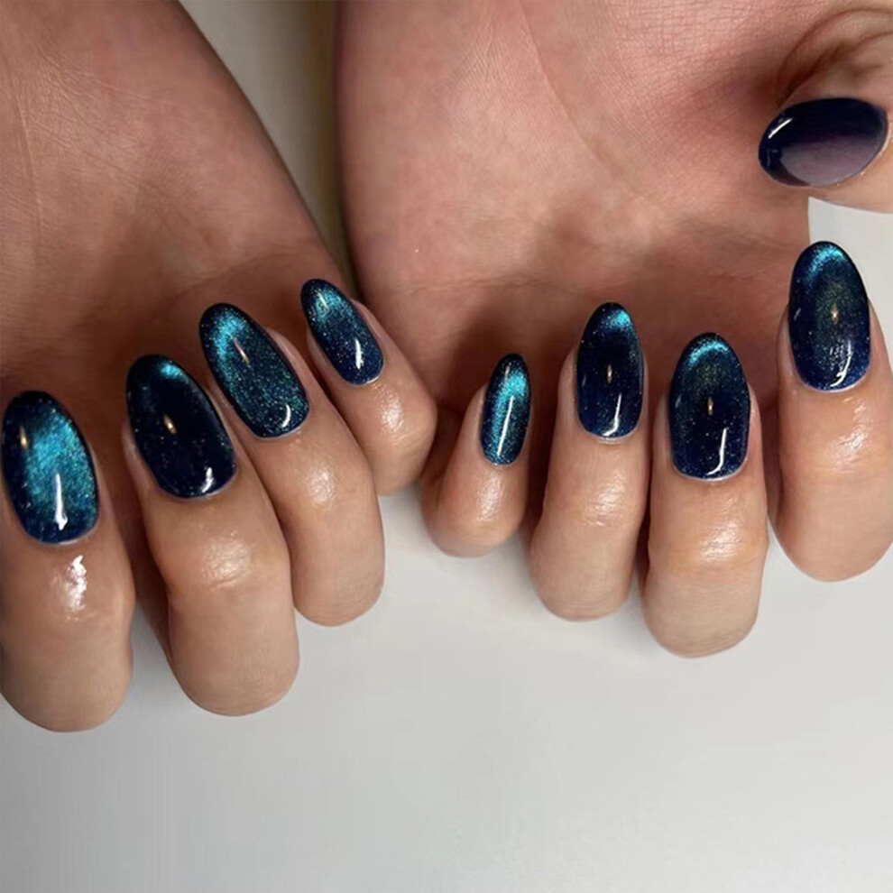 Roc-Electron Blue (Jelly Glue Model) Cat\'S Eye Fake Nails - Durable & Comfortable