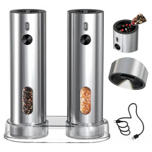 Uppladdningsbar Elektrisk Salt- och Pepparkvarnsats med Bas, Automatiska Pepparkvarnar i Rostfritt Stål 110 Ml Innehåller