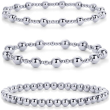 (7, White Gold) HKEDES 14K Gold Plated Beaded Bracelet Pack for Women | Stainless Steel 3-Piece Stretchy Bracelet Set | Waterproof Ball Trio